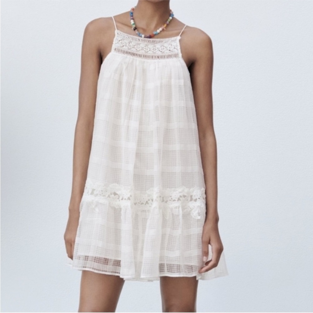 Zara Embroidered Eyelet Dress White Cottagecore Mini Ruffle Prairie Cotton Sz M - Picture 1 of 9